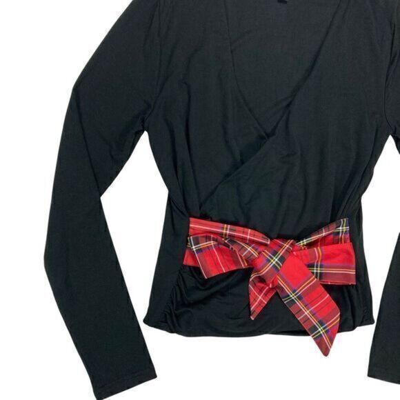J. Crew Top Womens Size Small Black Long Sleeve Wrap Plaid Tie Holiday Pullover - Picture 5 of 16